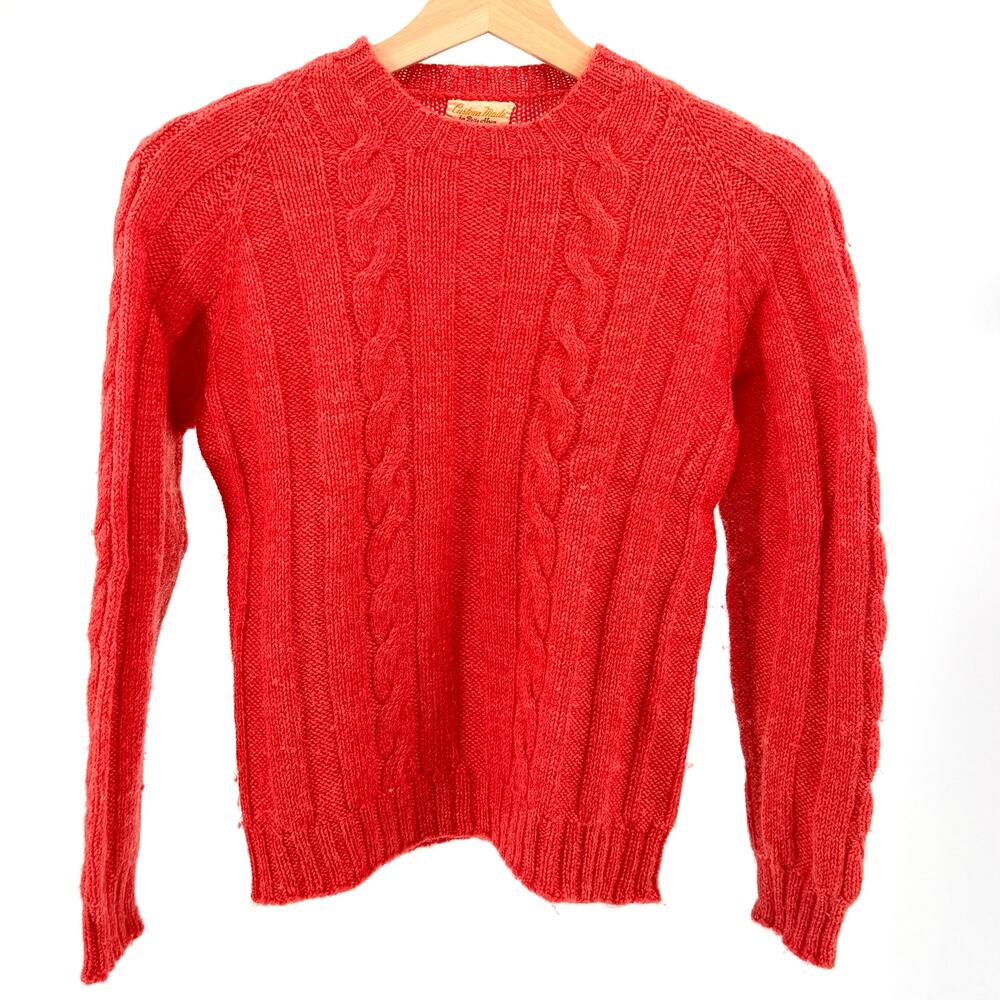 Vintage 60s Custom Made Red Wool Cable Knit Crewneck Sweater